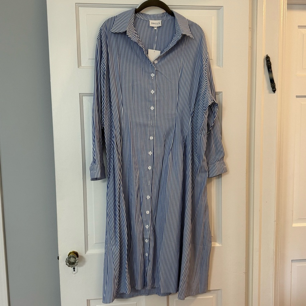 Pinstripe cinch-waist shirt dress